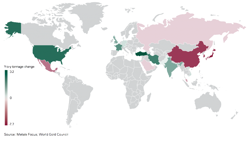 Map of the world showing gold demand by country