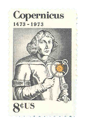 Image of 8¢ stamp depicting Copernicus holding representation of heliocentric earth orbit