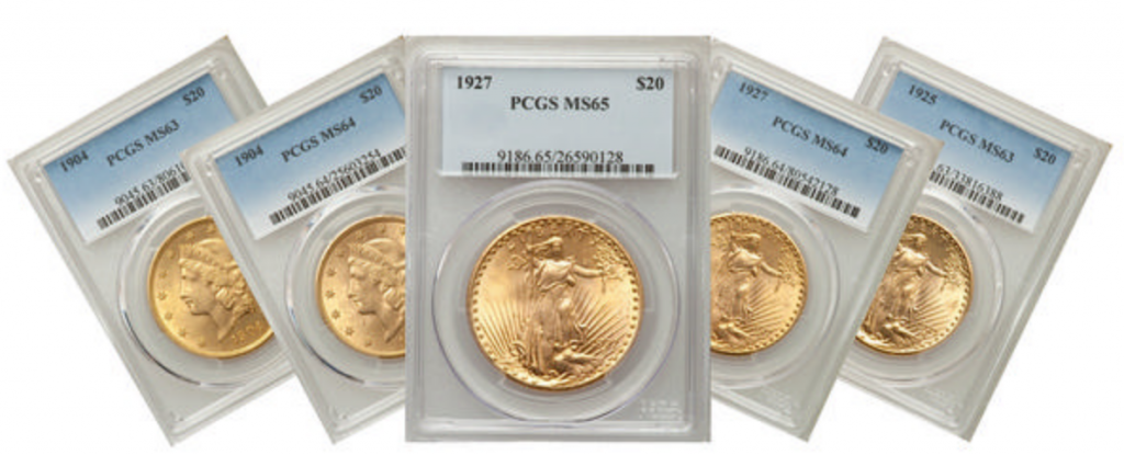 Image of group of $20 St. Gaudens gold coins in PCGS holders, grades MS 63, MS 64, MS 65