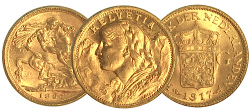 photo of three pre-1933 European gold coins - British sovereign, Swiss 20 franc, Dutch 10 guilder