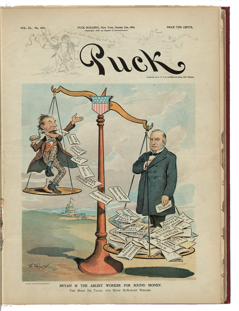 image of page from Puck magazine showing Willilam Jennings Bryan tipping scales as 'ablest worker for sound money'