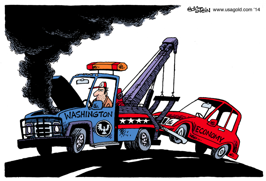Ed Stein cartoon Washington tow truch with blown engine pulling economy in tow
