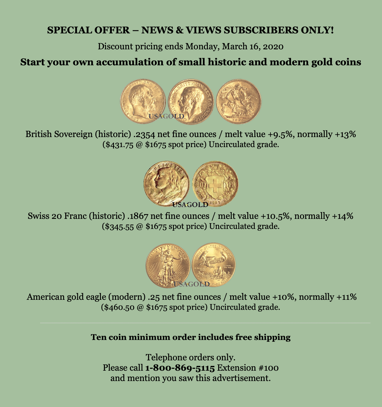 Image of advertisement for gold coins special offer sovereign swiss eagle