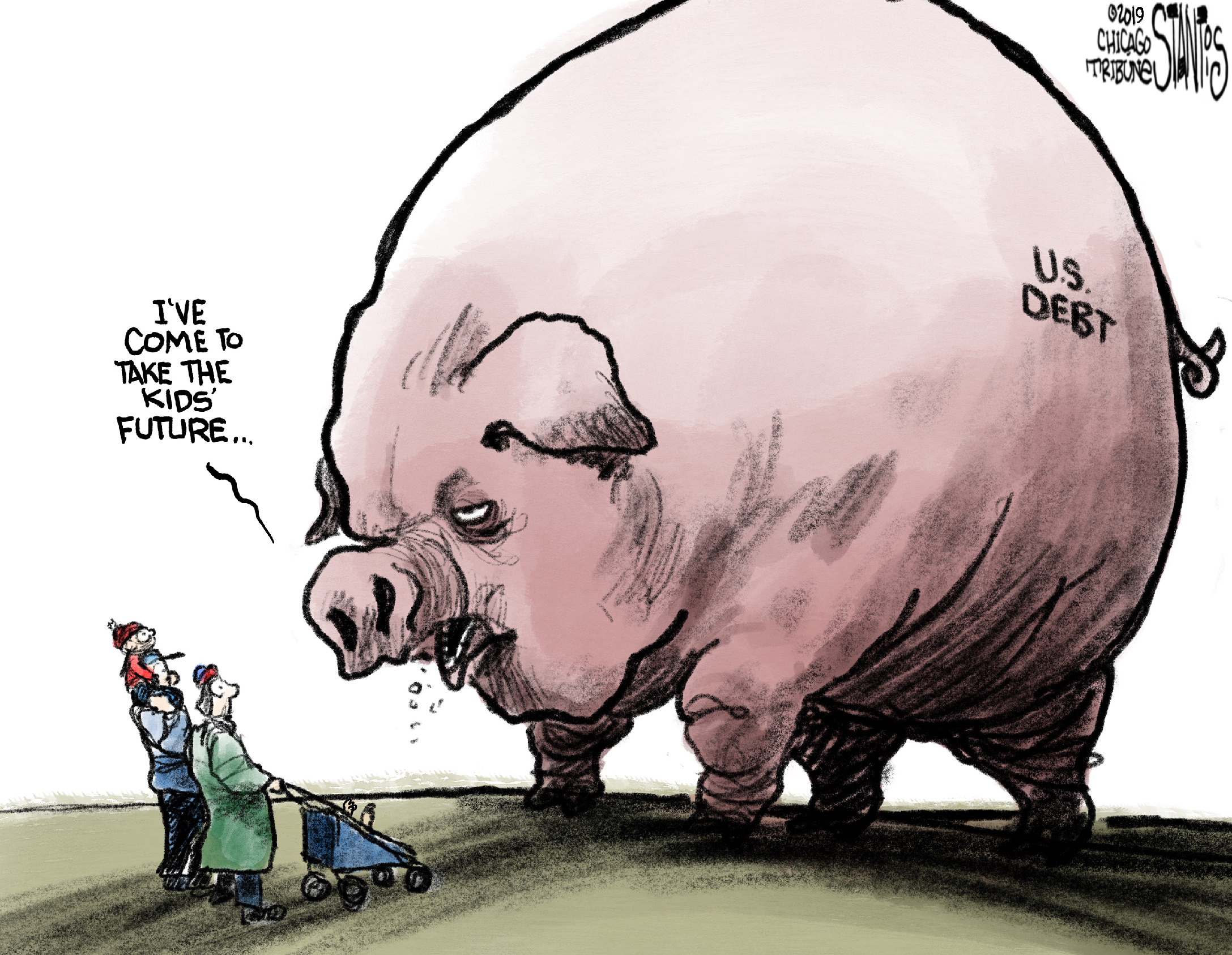 Cartoon of giant pig representing U.S. deficit