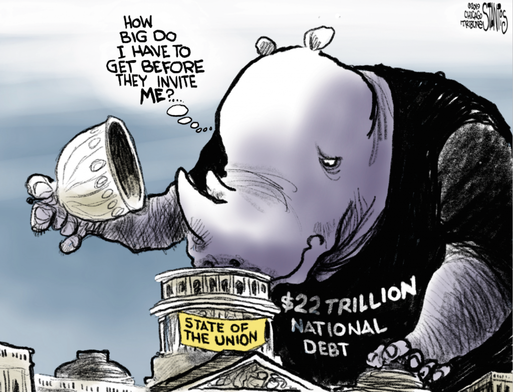 Scott Stantis cartoon showing rhinoceros national debt lifting dome to capitol building