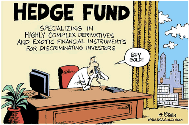 Ed Stein cartoon of hedge fund manager on phone to client saying 'buy gold'