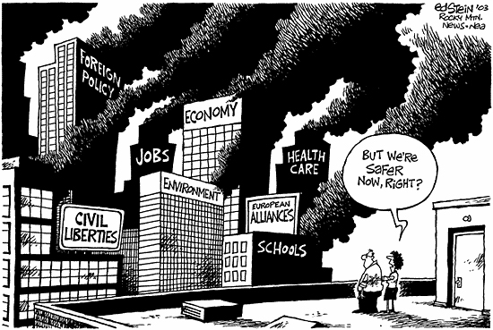 cartoon showing the net devastation from a crisis on a city and economy
