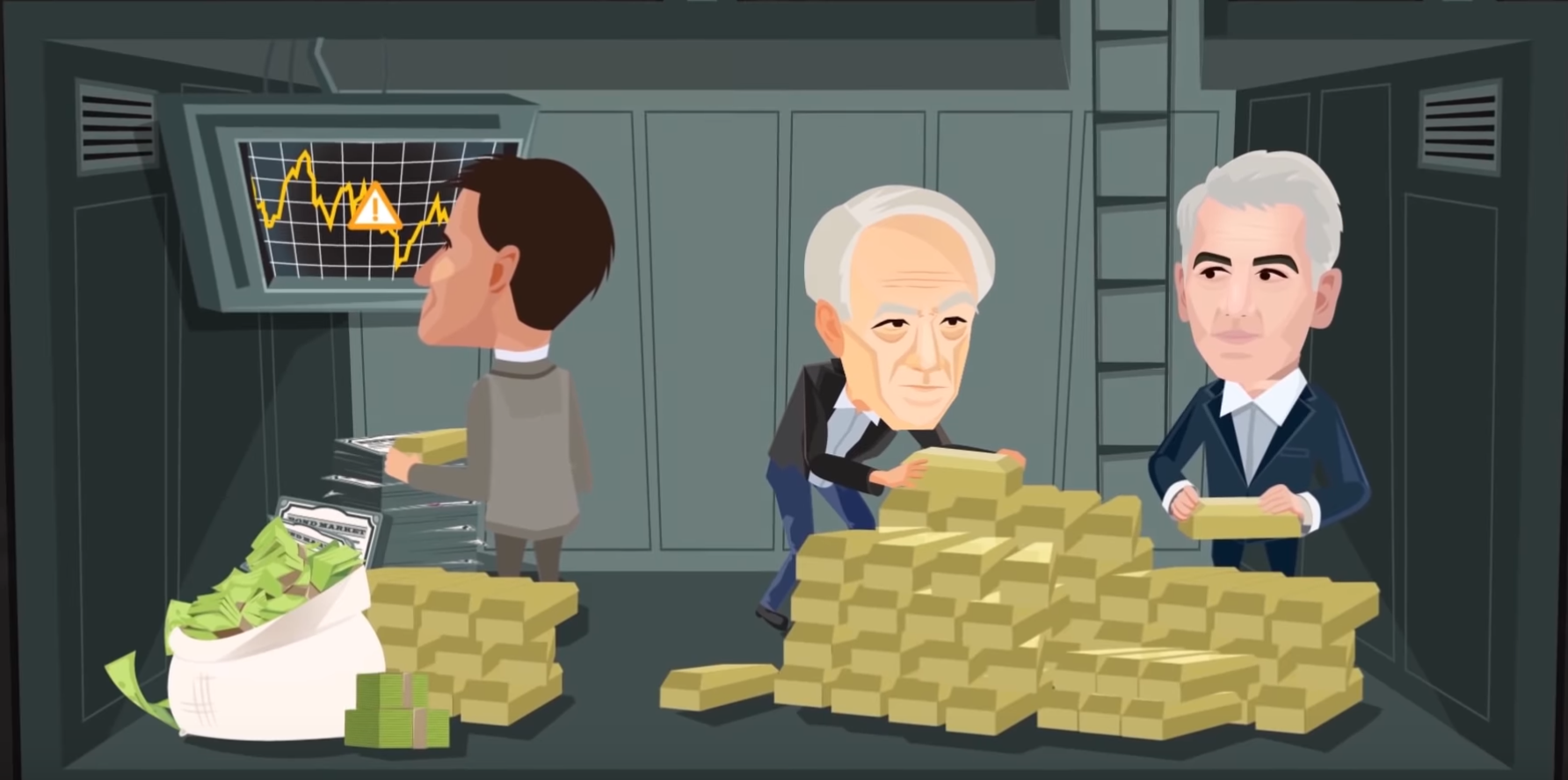 Graphic image of investors stacking gold bars in vault