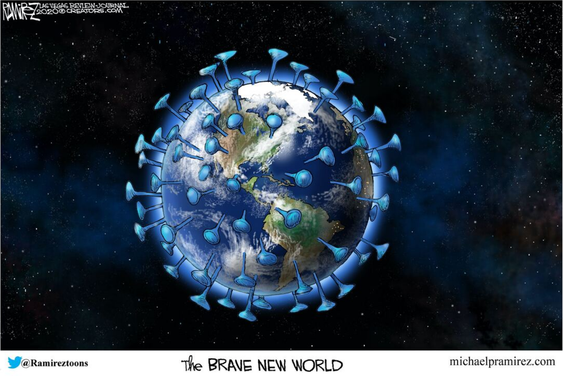 Cartoon depicting the world as coronavirus cell with inscription Brave New World