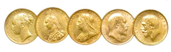 photo of five coins comprising the British sovereign type set