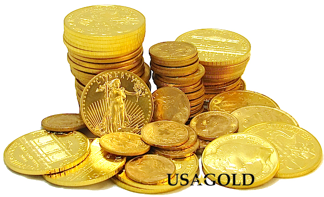 photo of gold pile featuring American eagle gold coin, one ounce