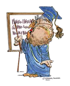 Dr. MoneyWise cartoon character pointing to chalkboard