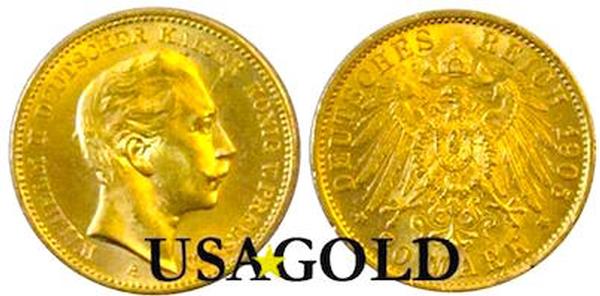 photo of German 20 mark gold coin, Wilhelm II