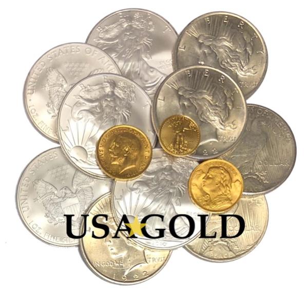 photo composite of first-time investor starter kit of gold and silver coins