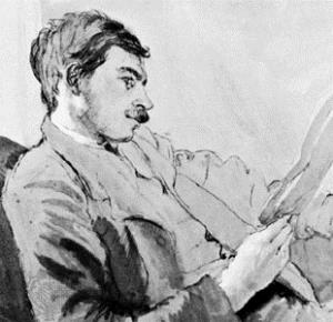 Artist rendering of the young John Maynard Keynes reading a paper