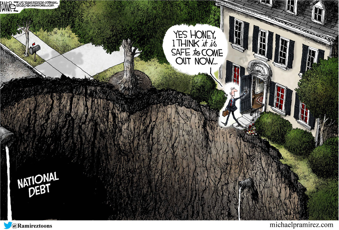 cartoon showing giant sinkhole labeled the national debt