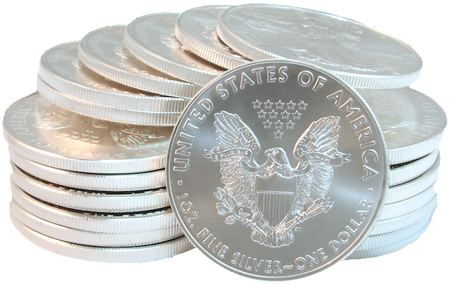 photo of pile of American Eagle silver bullion coins