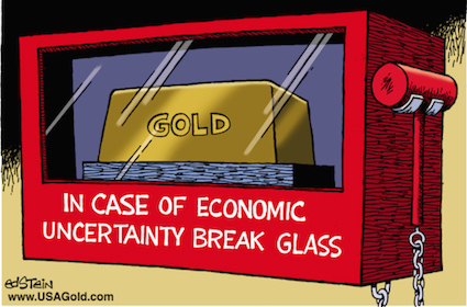 Ed Stein cartoon 'In case of emergency break glass', gold bar inside