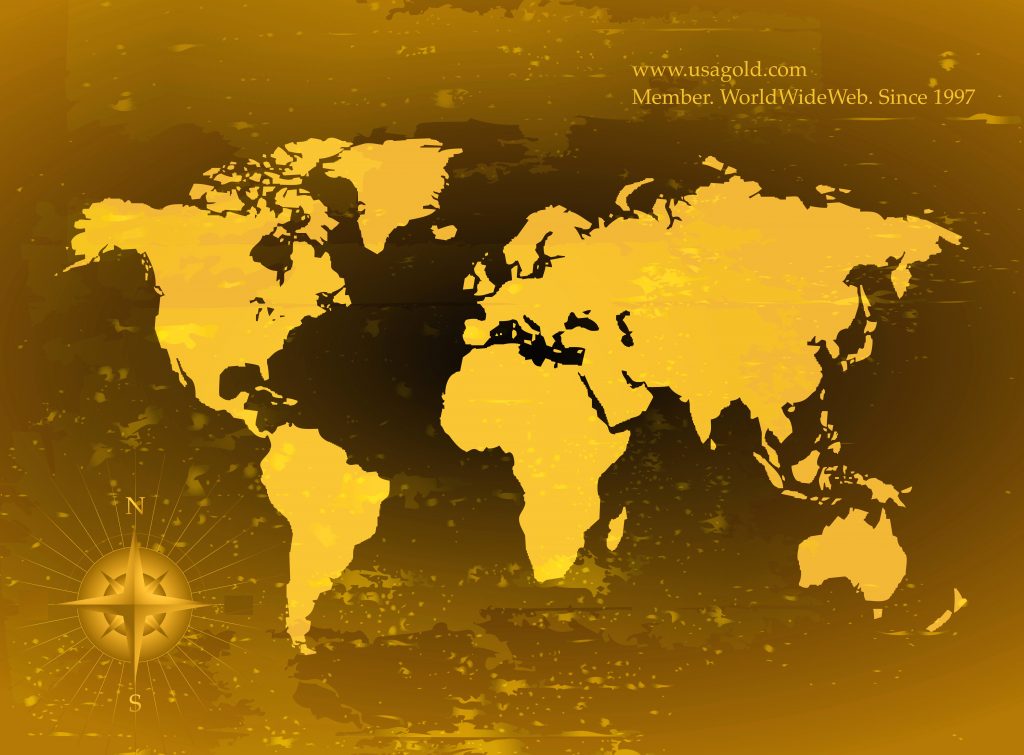 Map of world gold colored with www.usagold.com - Members World Wide Web since 1997