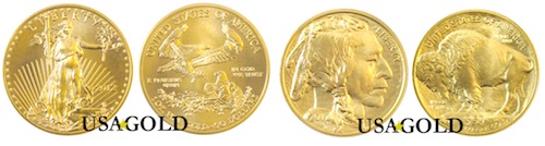 1 ounce US Eagle and Buffalo bullion gold coins, obverse and reverse.