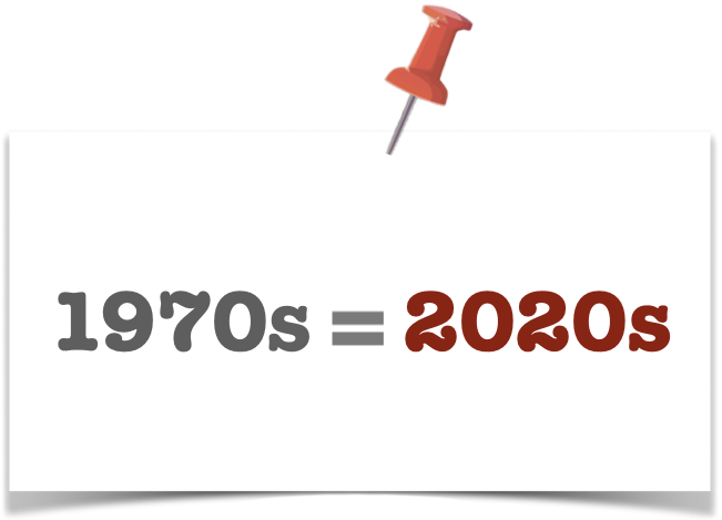 graphic representation of a bulletin board note reminder that the 1970s equal the 2020s