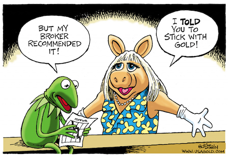 cartoon showing Miss Piggy and Kermit discussing the gold investment
