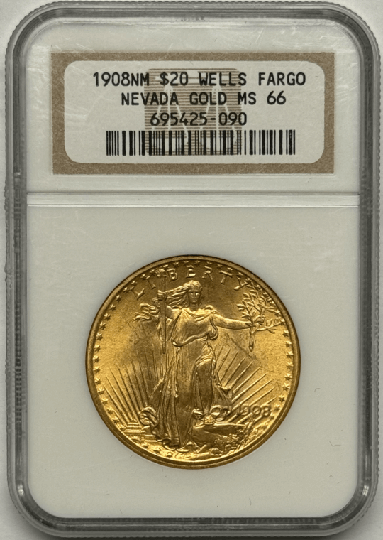 1908 $20 St Gaudens NGC MS66 Wells Fargo Nevada Gold
