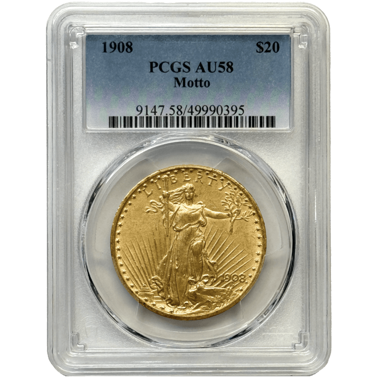 1908 $20 St. Gaudens AU58 Motto Front