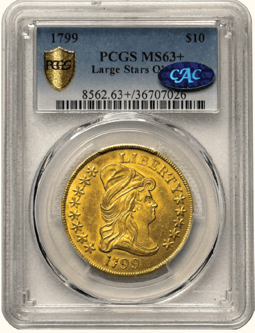 $10 Draped Bust 1799 PCGS MS63+ CAC Large Stars Obverse Front
