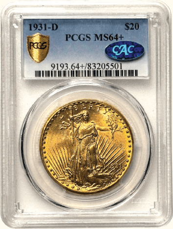 $20 St. Gaudens 1931-D PCGS MS64+ CAC Front