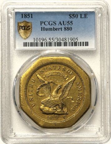 $50 Humbert 880 Thous 1851 PCGS AU55 Lettered Edge Front