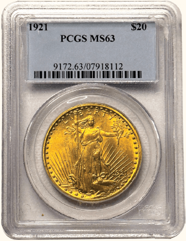 $20 St. Gaudens 1921 PCGS MS63 Front