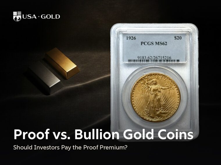 Proof vs bullion gold coins comparison, St. Gaudens double eagle on velvet