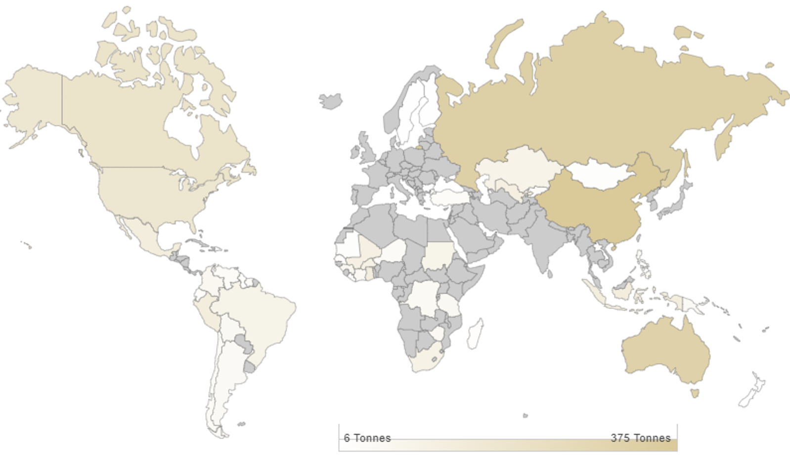 map of gold production by country color coded