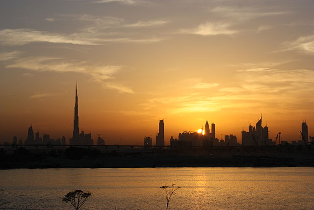 photograph of Dubai skyline at sunset