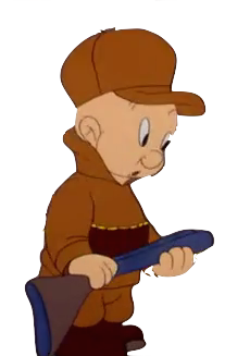 Elmer Fudd dressed up to hunt holding a shotgun