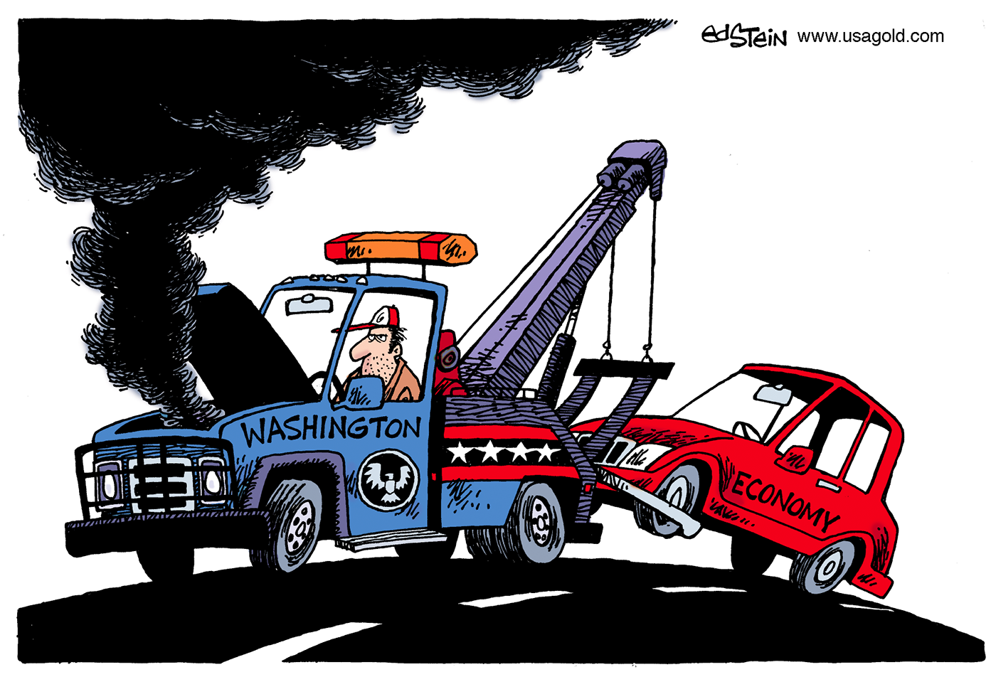 cartoon of a tow truck marked Washington towing a car marked economy