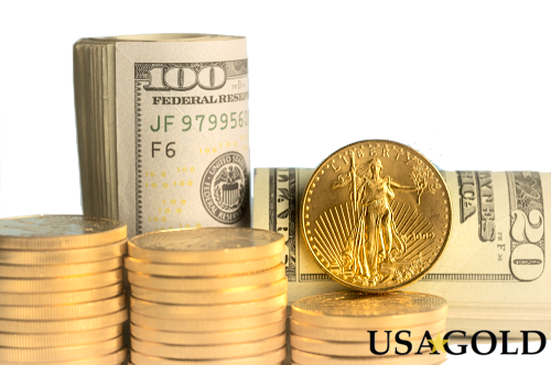 photo of gold American Eagles in stacks with $100 bills in background
