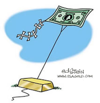 Ed Stein cartoon graphic of gold bar flying a dollar kite