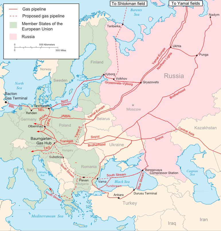 map showing gas pipelilnes going into Europe from Russia