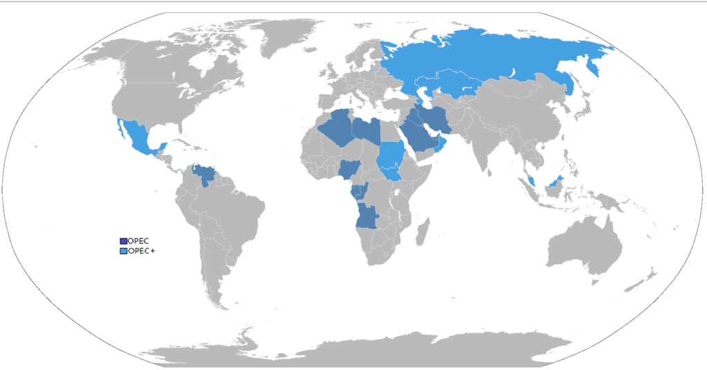 Map showing OPEC and OPEC+ countries