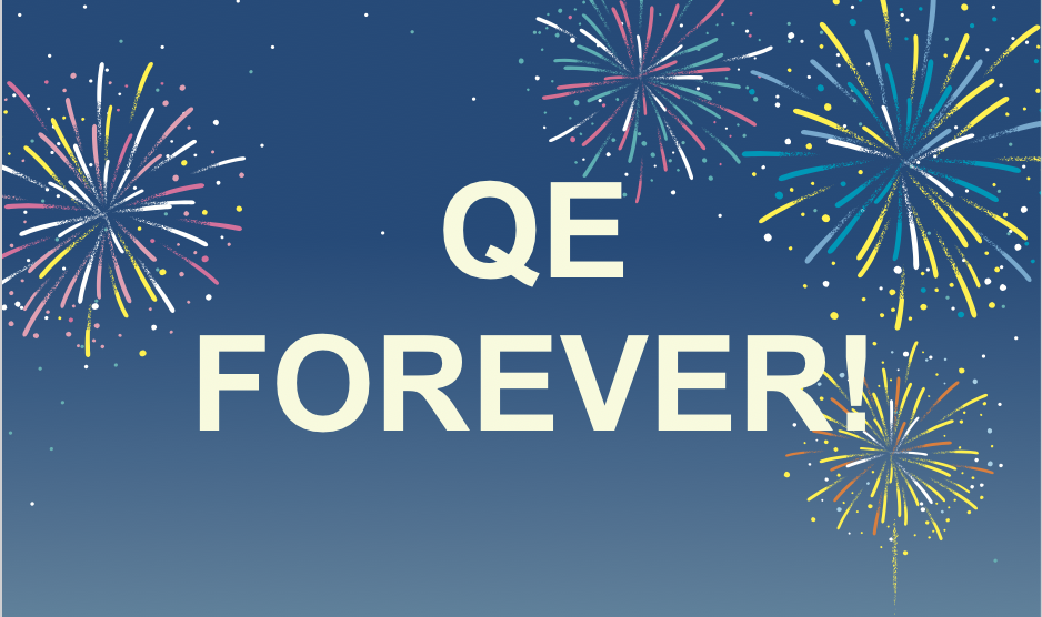 graphic illustration promoting QE FOREVER with fireworks
