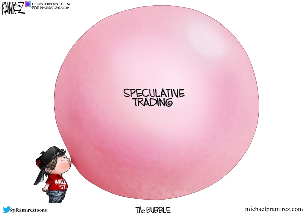 Ramirez cartoon of Wall Street blowing speculative trading bubble