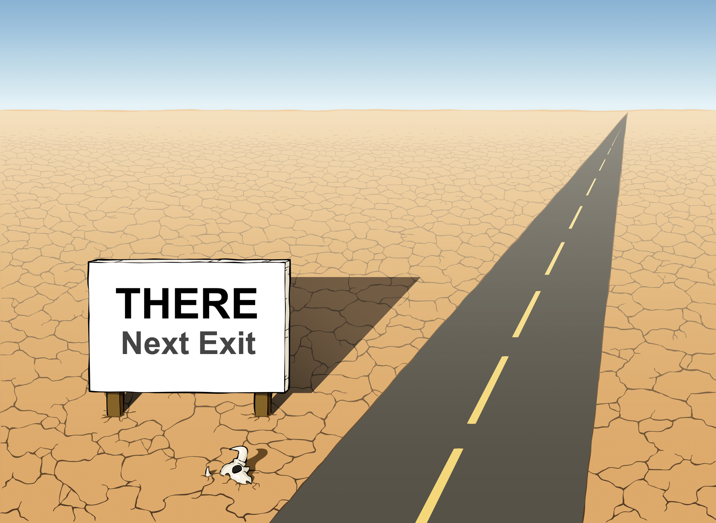graphic showing exit for THERE being a great distance down road through desert