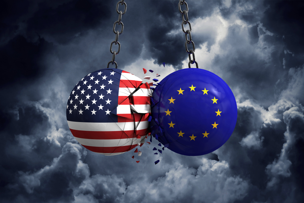 graphic illustration of US and EU on collision course