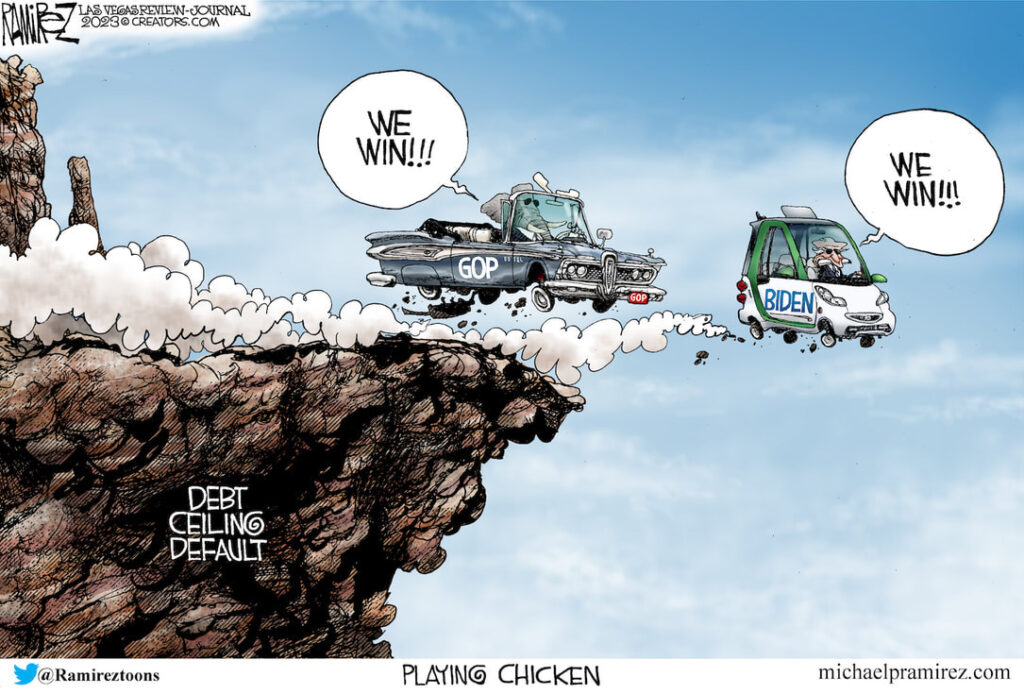 Ramirez cartoon on the game of chicken between the political parties over the debt ceiling