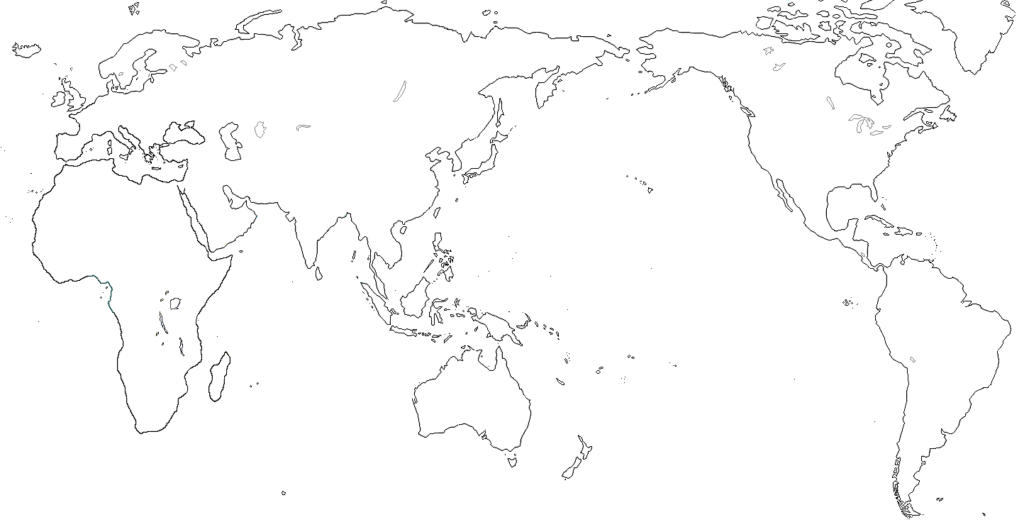world map divided between Eurasia left and NorthSouth America right