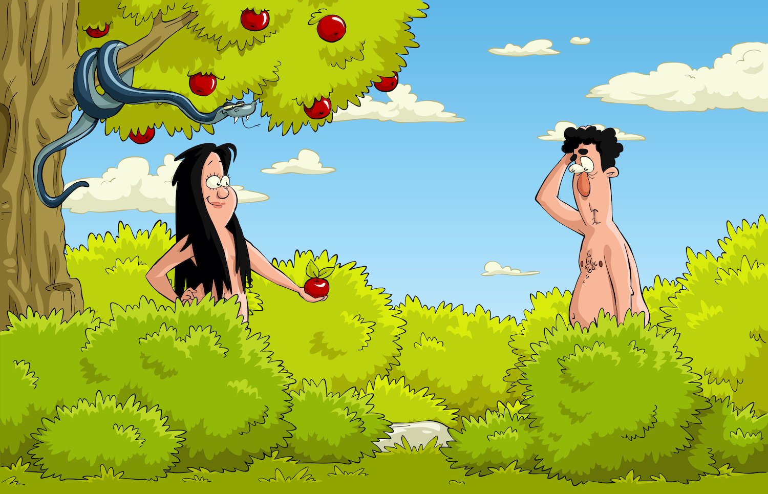 cartoonish representation of Adam and Eve in the Garden of Eden