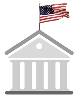 illustration of bank building with American flag symbolizing state control of the banking system