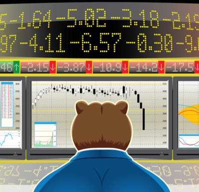 cartoon image of stock market bear watching ticker